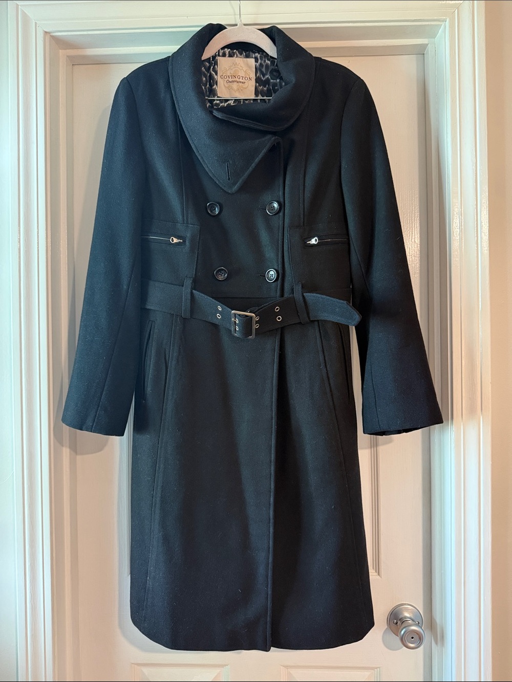 Covington Black Double-Breasted Belted Winter Trench Coat